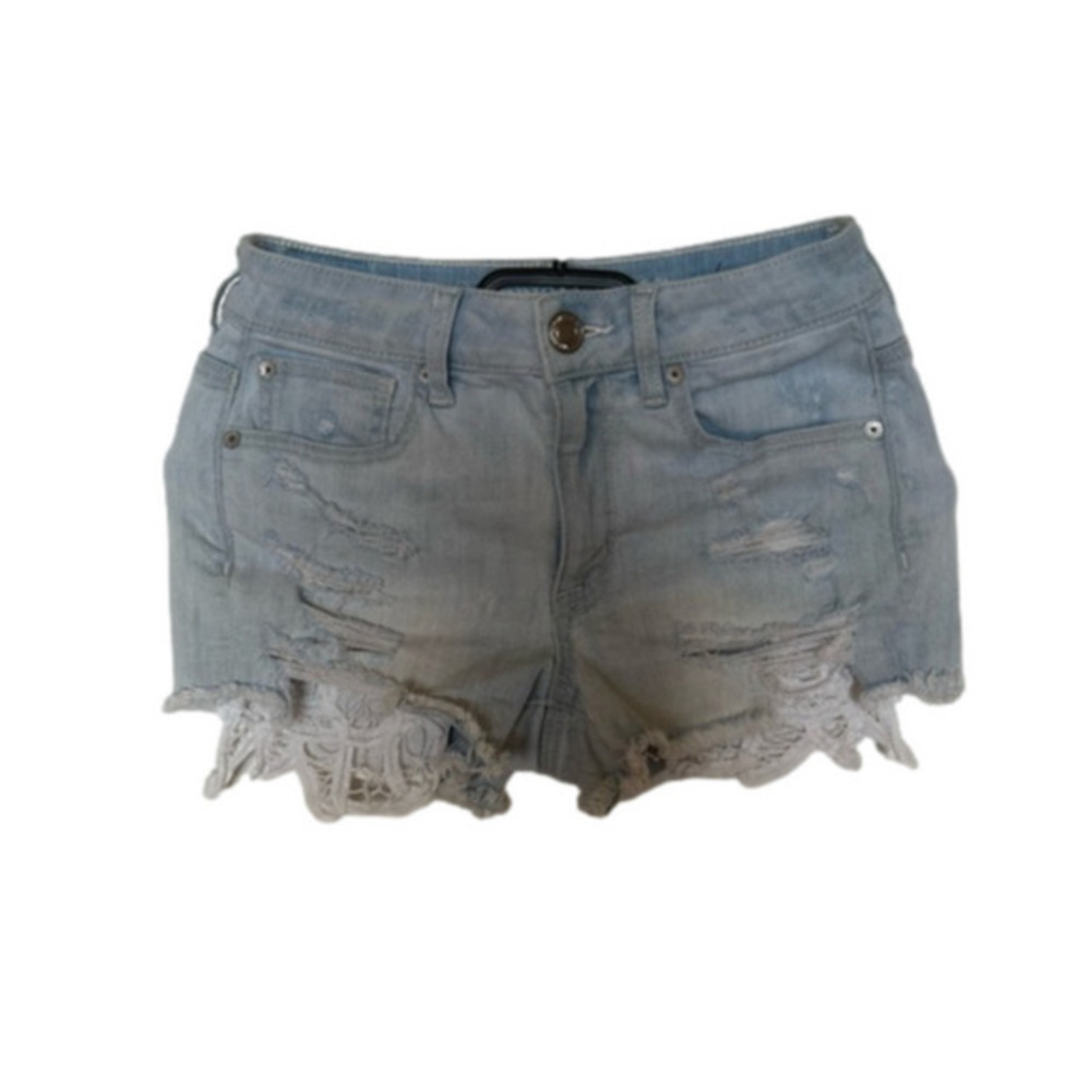 AE Outfitters Super Stretch Hi Rise Shortie Light wash Jeans Shorts Size…